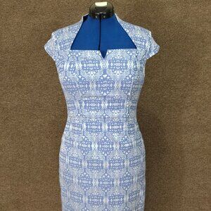 Adrianna Papell Blue Silver Floral Jacquard Cocktail Dress Size 8 Wedding Guest
